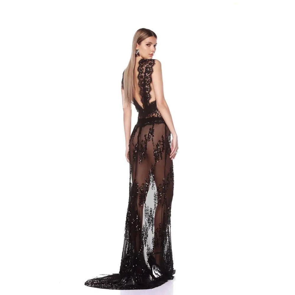 NWOT BRONX AND BANCO Naia Chic Black Lace Sheer Cutout Gown - Picture 3 of 12